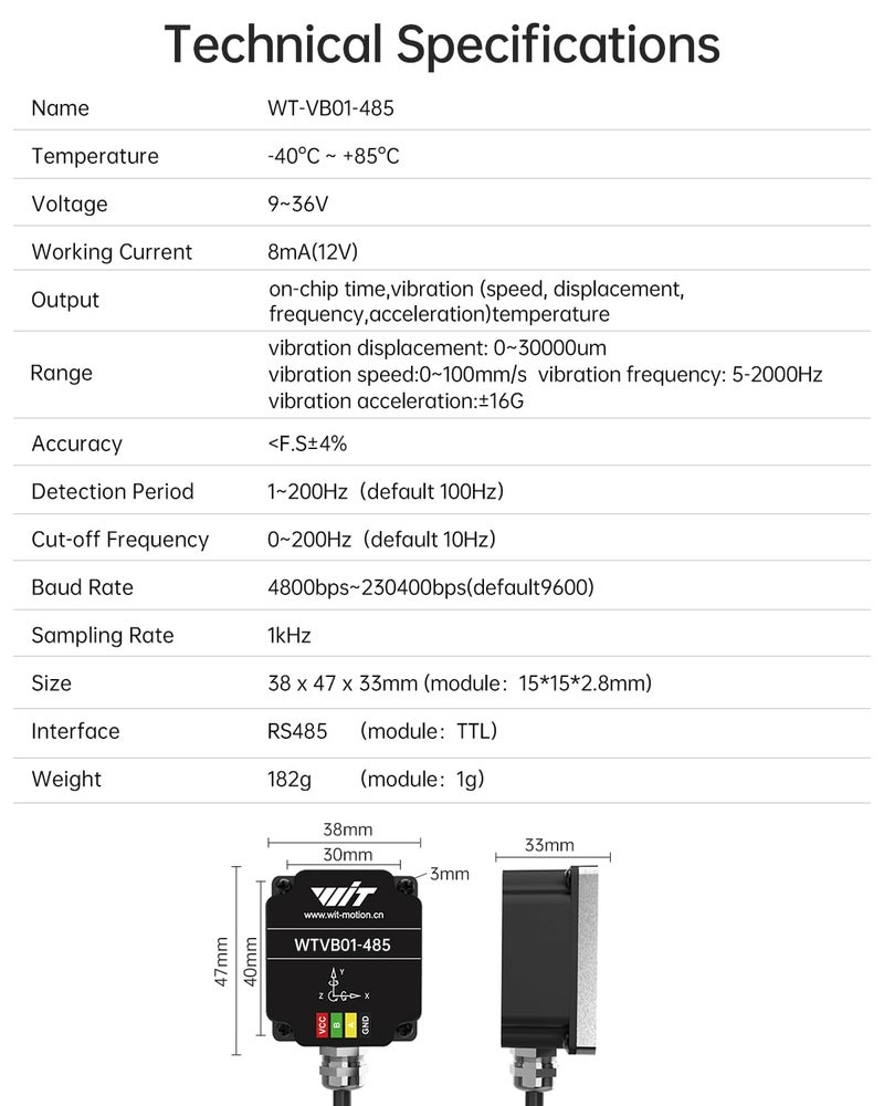 WITMOTION [RS485 Modbus Vibration Sensor] WTVB01-485 IP68 Waterproof Transducer Ar-Duino, 3-Axis Acceleration Angular Velocity Vibration(Amplitude+Frequency+Displacement+Speed) Detector, Motor Monitor Module - Image 2